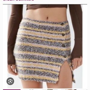 UO Fuzzy Mod Stripe Button Mini Skirt Slit Medium Pink White Yellow Warm Knit